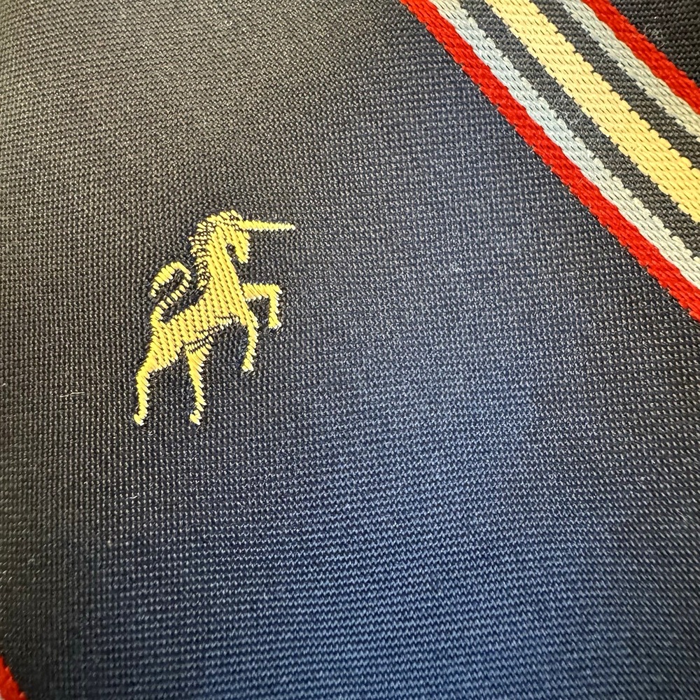Vintage Mens Bronzini Navy Blue Striped Neck Tie Embroidered Unicorn Logo 57 in - Picture 5 of 5